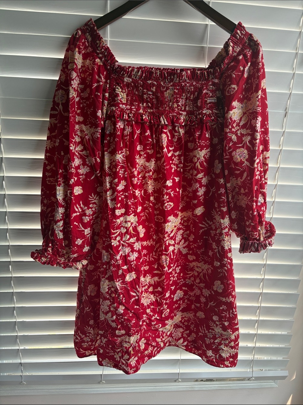 Doen Red Floral Off-Shoulder Smocked Dress